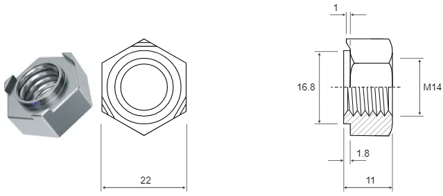 Гайка приварная шестигранная М14 DIN 929 Сталь. Шаг резьбы 2,0.  Класс прочности 6