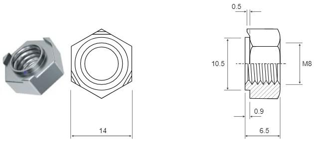 Гайка приварная шестигранная М8 DIN 929 Сталь. Шаг резьбы 1,25.  Класс прочности 6