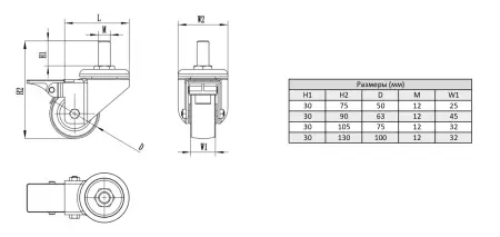 Колесо поворотное D100 мм, болт M12x30, с тормозом, ALF-WB-D100T