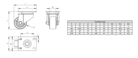 Колесо поворотное D75 мм, с платформой, ALF-W-D75