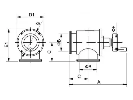 Клапан вакуумный угловой  GD-J63B ISO-K63 Ручной уплотнение - Сильфонное материал - Нержавеющая сталь 304SS