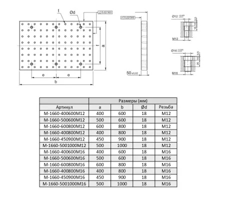 M-1660-400600M12 Плита базовая вертикальная с отверстиями, шаг растра 50±0,02 мм
