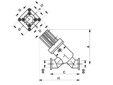 Клапан вакуумный прямоточный  GDQ-50(45˚) KF50 Пневматический уплотнение - Фторэластомерное материал - Нержавеющая сталь 304SS